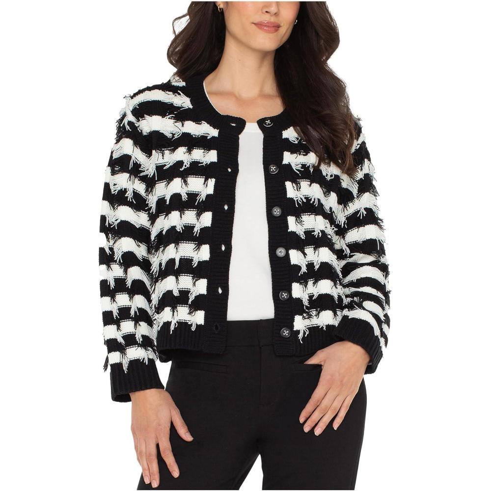 image:imageLiverpool Womens Long Sleeve Fringe Cardigan SweaterBlackWhite Fringe Stripe