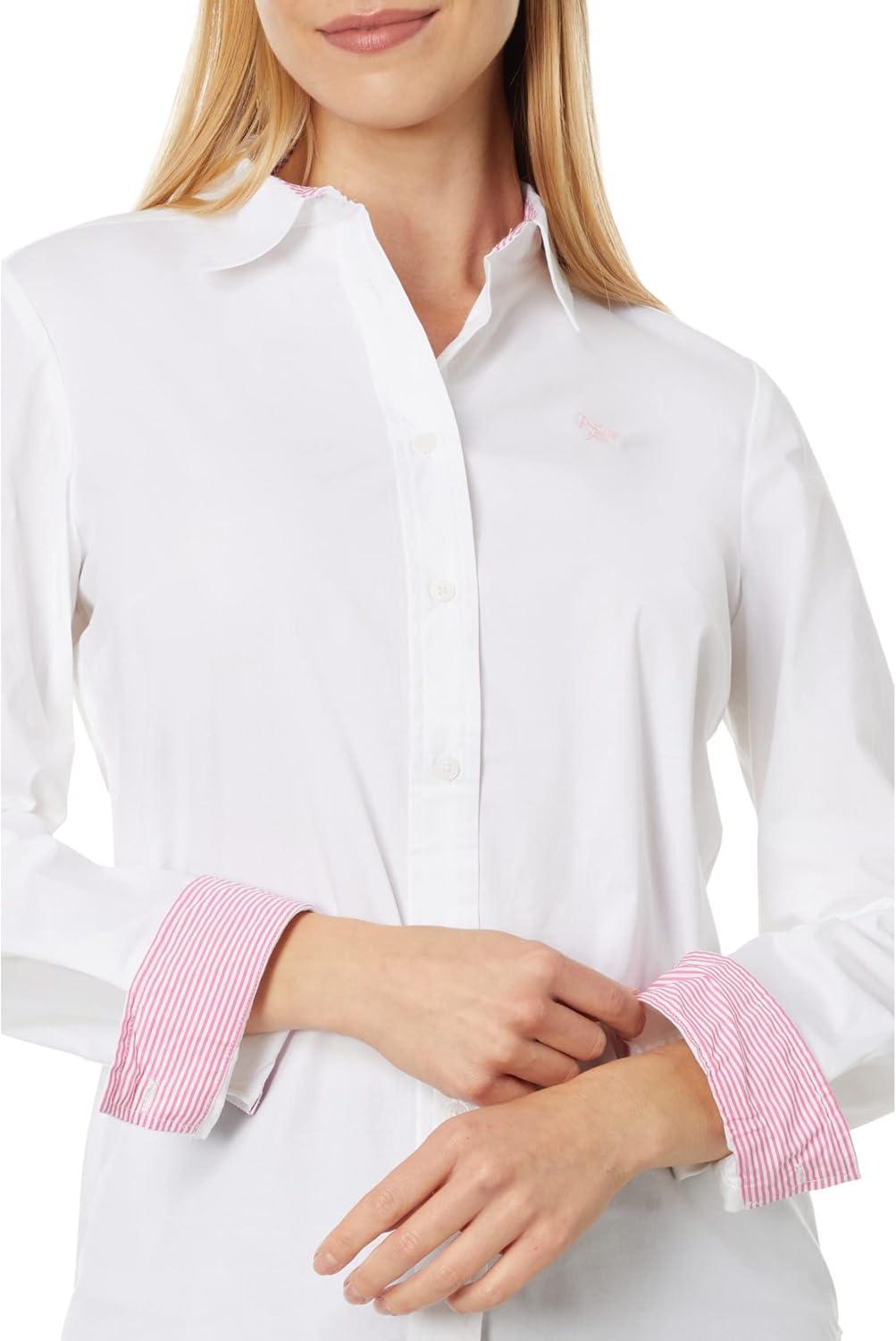 image:imageStretch Poplin Shirt in Solid Color by US Polo AssnWhitePearl Pink Stripe