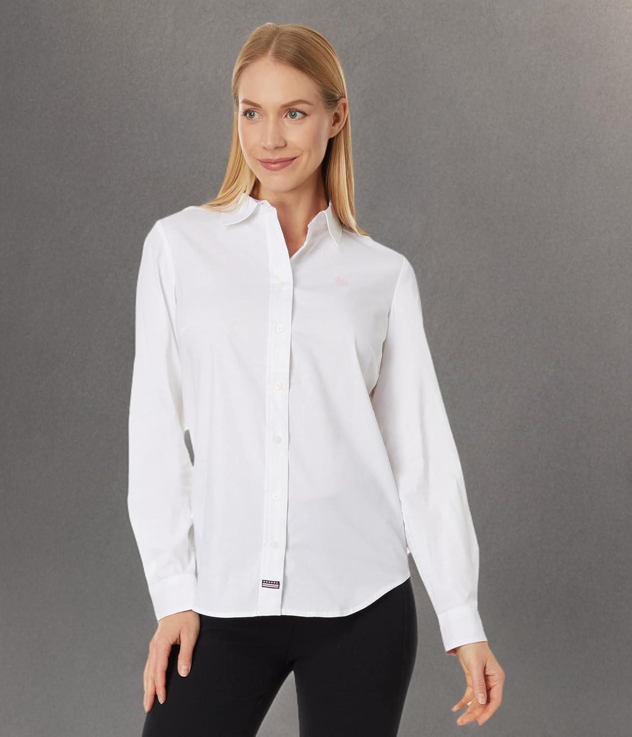 image:imageStretch Poplin Shirt in Solid Color by US Polo AssnWhitePearl Pink Stripe