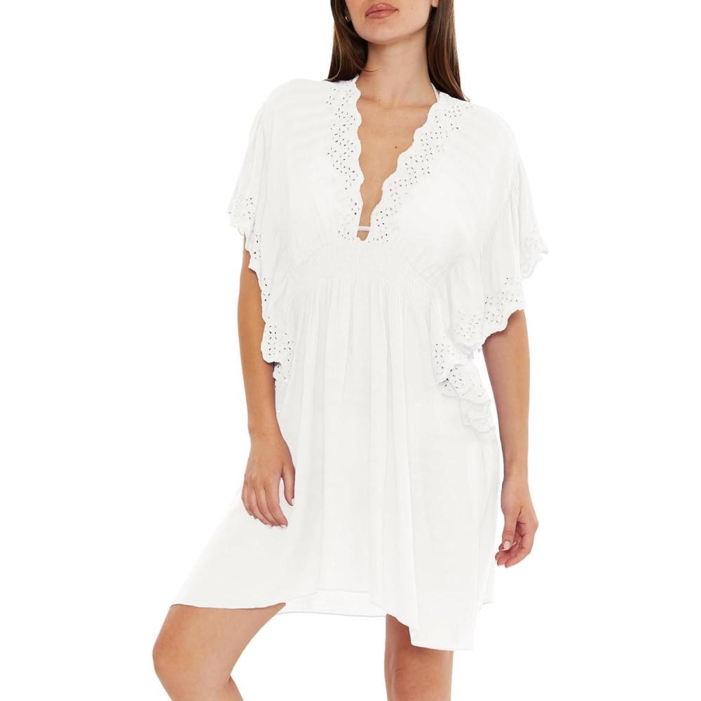 image:imageBECCA womens Barbados Woven Tunic Plunge Neckline Beach Cover Ups for WomenWhite