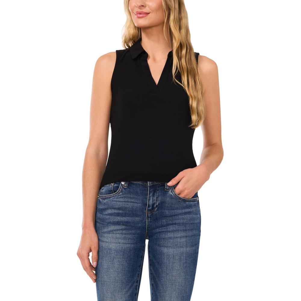 image:imageCeCe Womens Sleeveless VNeck Polo Knit TopRich Black