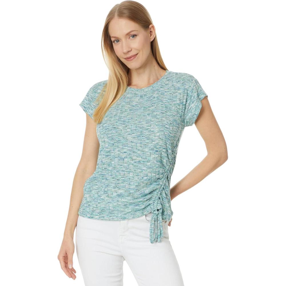 image:imageLiverpool Womens Short Sleeve Scoop Neck with Side Tie Detail Space Dye Rib KnitMermaid Teal Spacedye