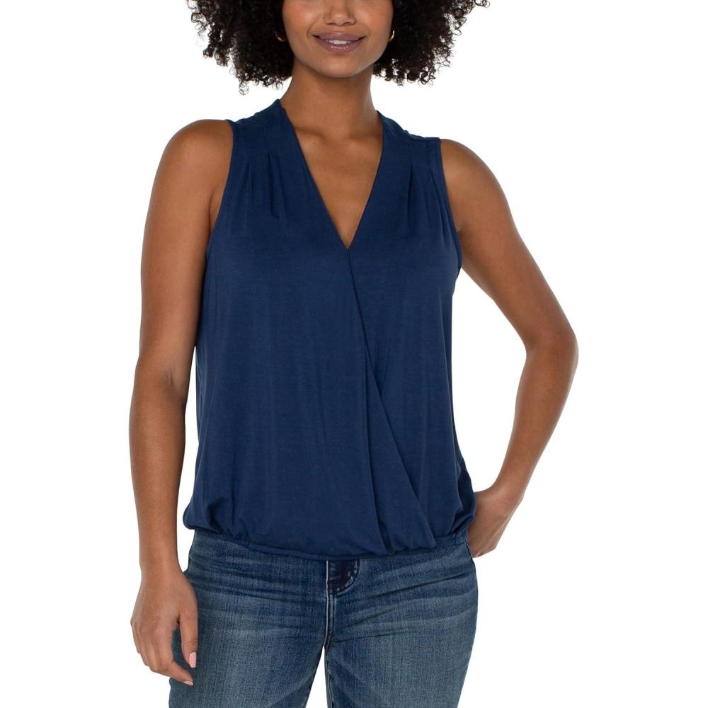 image:imageLiverpool Womens Sleeveless VNeck Drape Front Knit TopNight Sky Blue