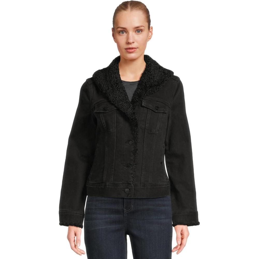 image:imageLiverpool womens Sherpa Collar Stretch Denim Trucker JacketLuna Black