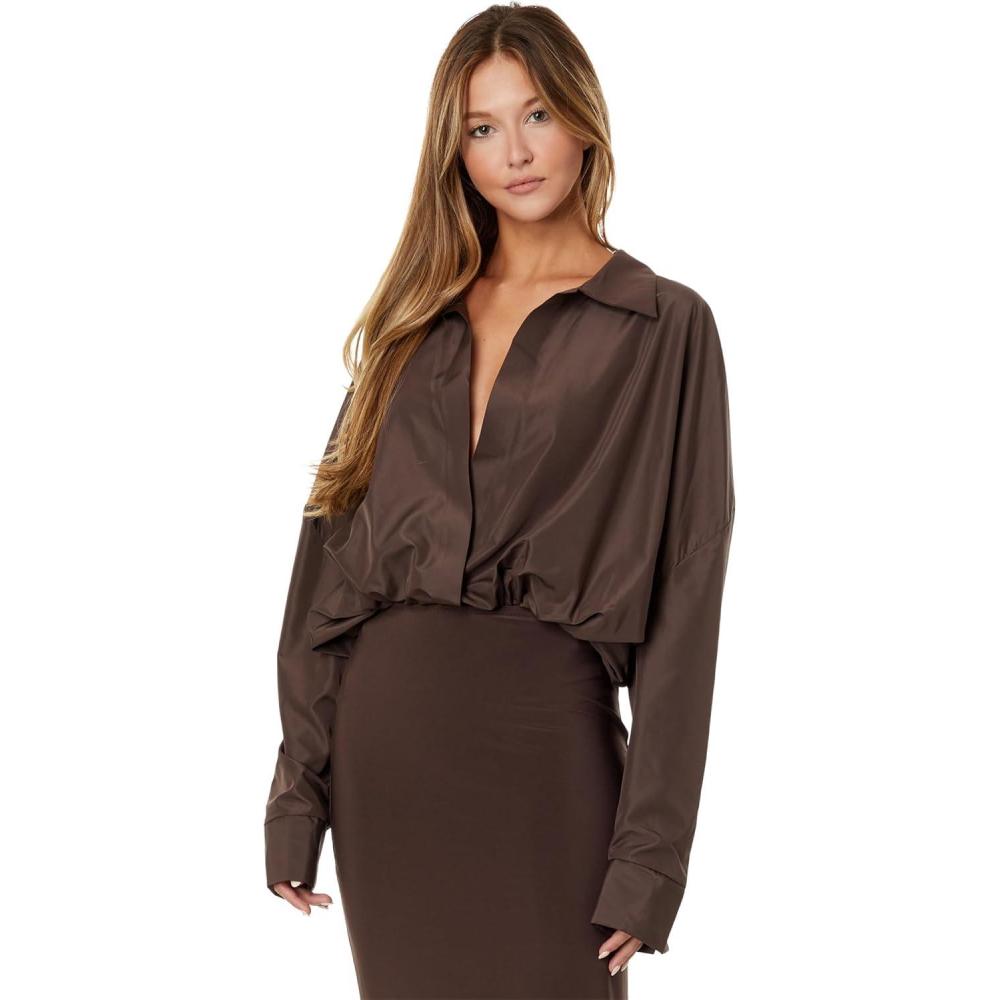 image:imageNorma Kamali Womens Super Oversized Boyfriend Neck Shirt BodysuitChocolate