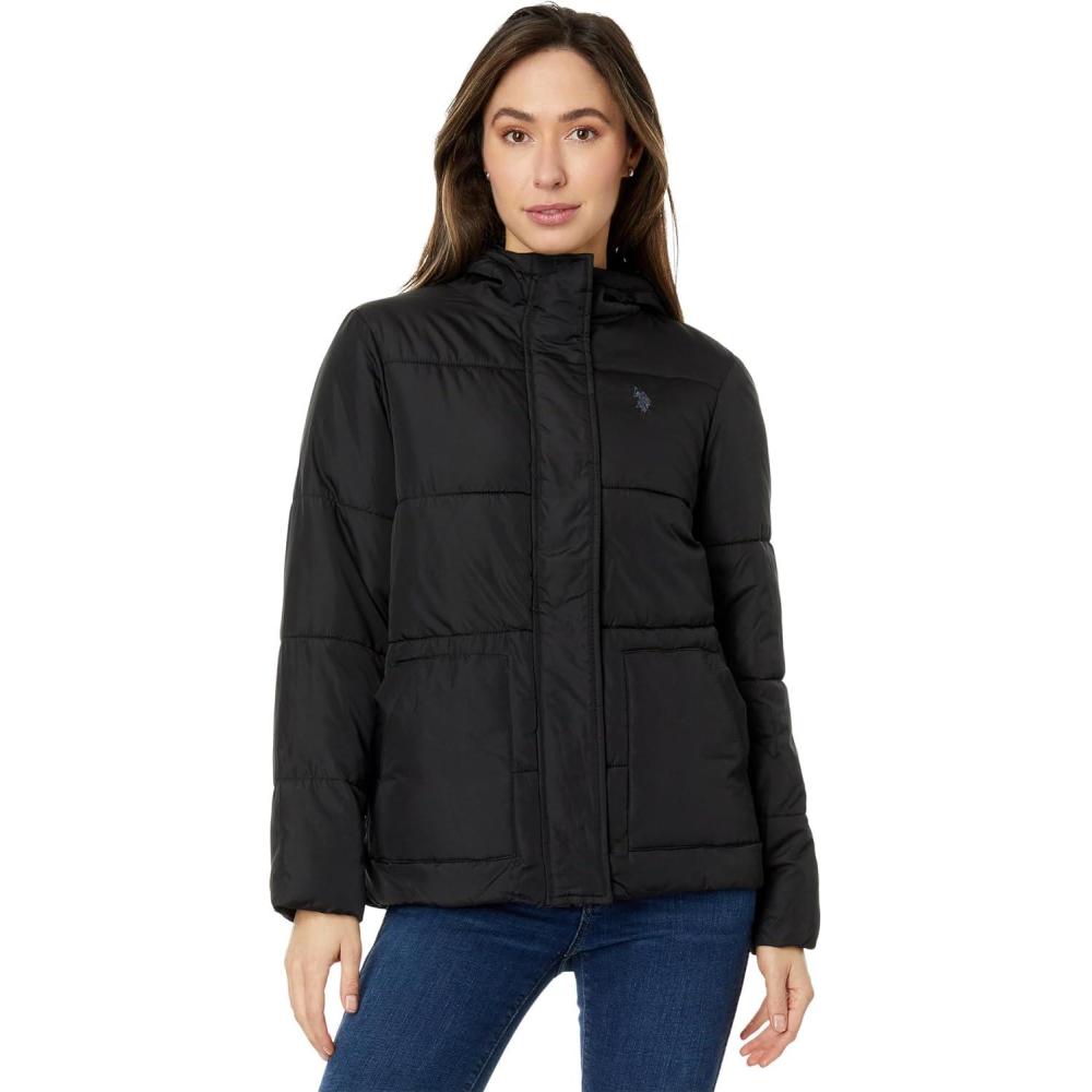 image:imageUS POLO ASSN Classic Hooded Puffer with Patch Pocket And Cozy Faux Fur LiningBlack