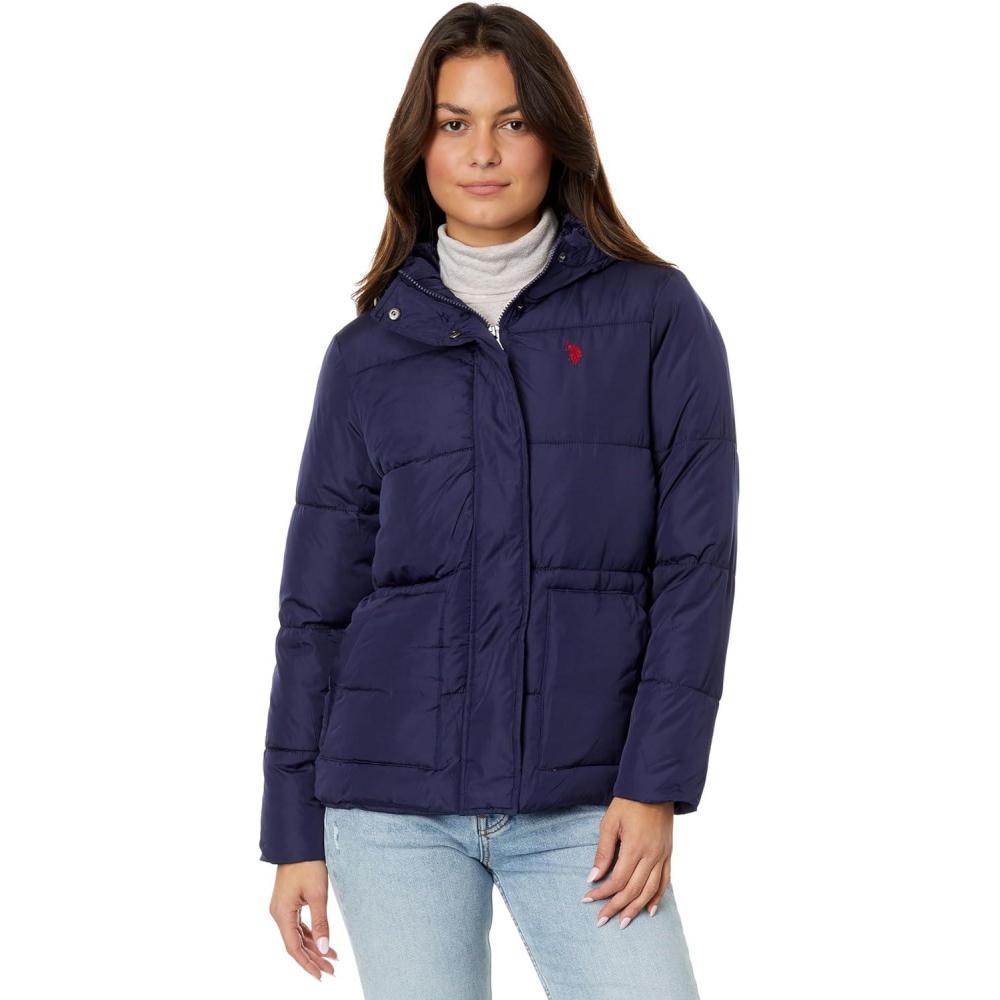 image:imageUS POLO ASSN Classic Hooded Puffer with Patch Pocket And Cozy Faux Fur LiningEvening Blue