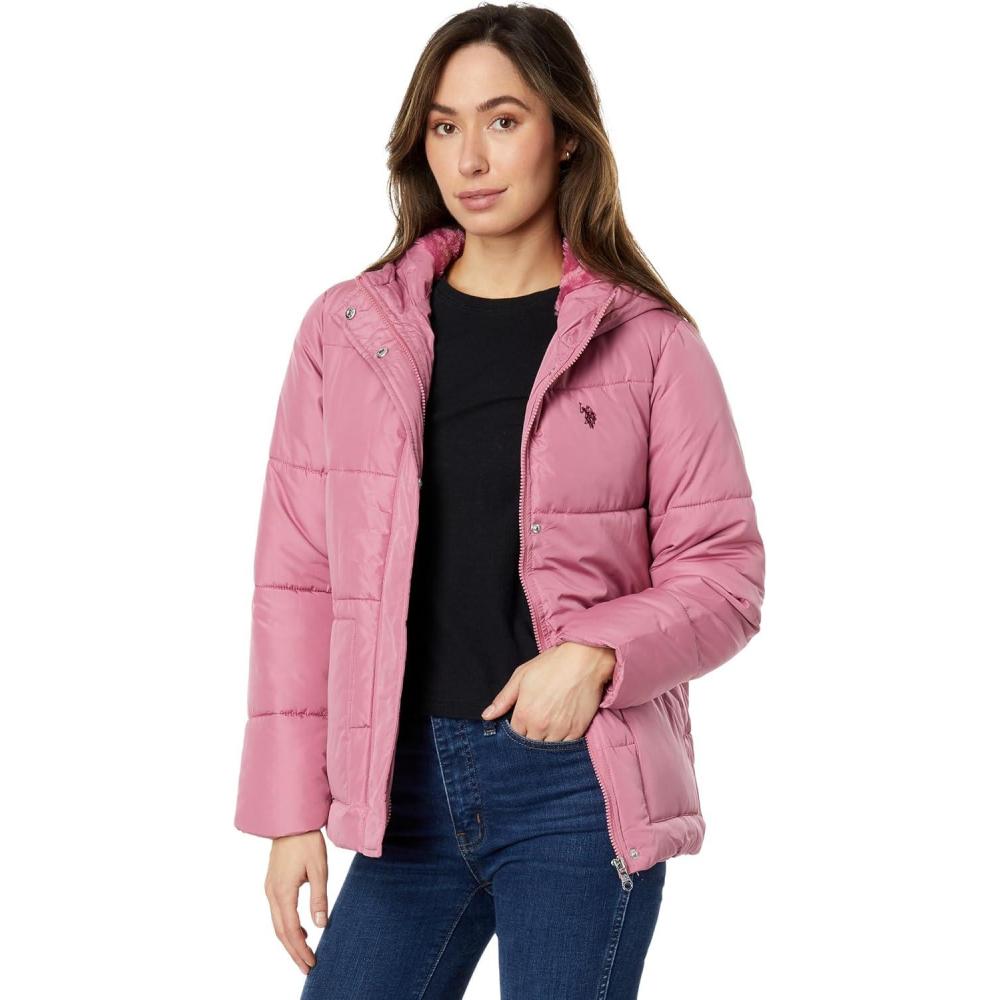 image:imageUS POLO ASSN Classic Hooded Puffer with Patch Pocket And Cozy Faux Fur LiningOxford Rose