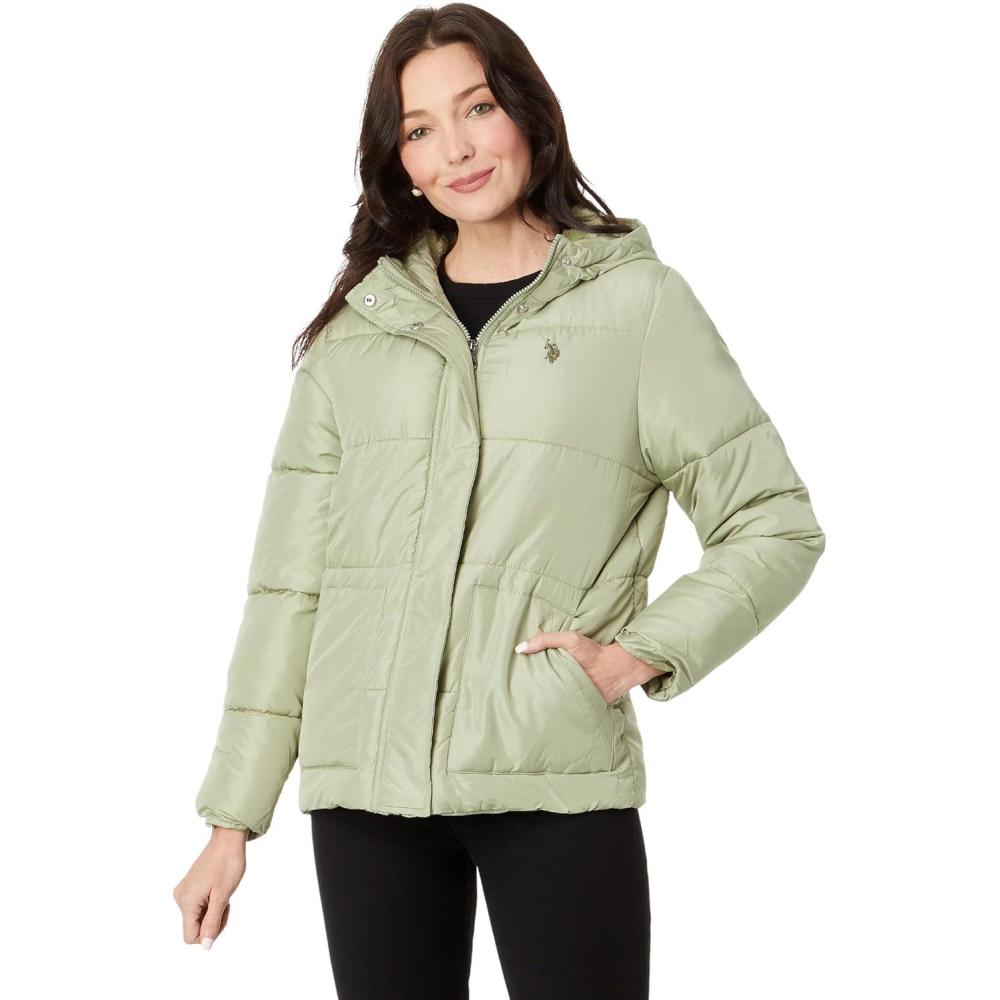 image:imageUS POLO ASSN Classic Hooded Puffer with Patch Pocket And Cozy Faux Fur LiningVintage Sage
