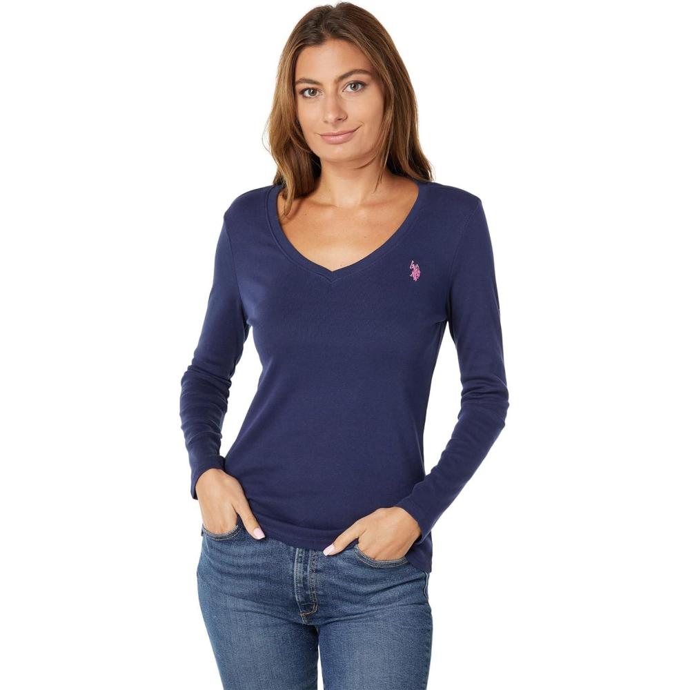 image:imageUS Polo Assn Juniors Ribbed VNeck TShirtClassic Navy