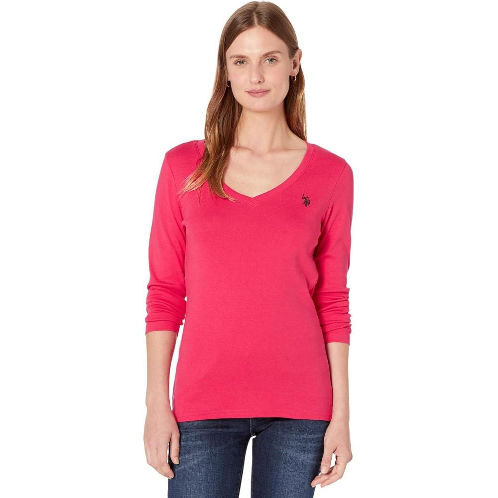 image:imageUS Polo Assn Juniors Ribbed VNeck TShirtElectric Fuchsia
