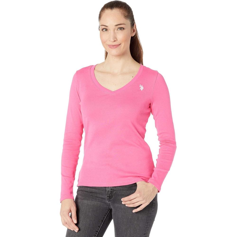 image:imageUS Polo Assn Juniors Ribbed VNeck TShirtPink Diamond