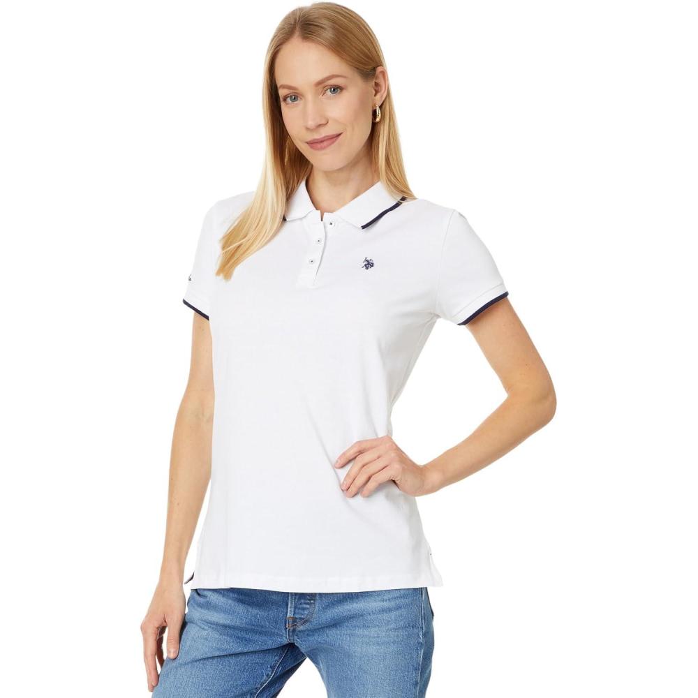 image:imageUS Polo Assn Womens Classic Stretch Pique Polo ShirtWhiteNavy