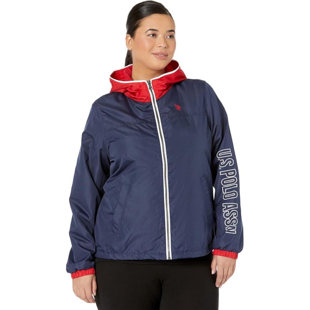 image:imageUS Polo Assn Womens Uspa Hooded Colorblocked Windbreaker Mesh LiningClassic Navy