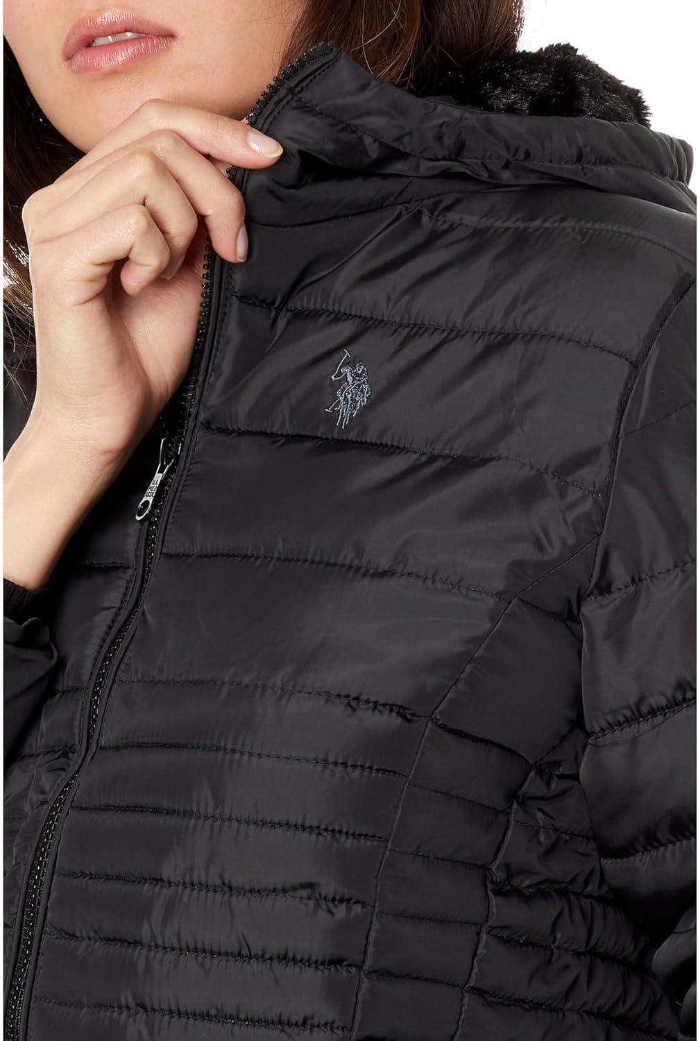 image:imageUS POLO ASSN Mixed Quilting Hooded Puffer with Cozy Faux Fur LiningBlack