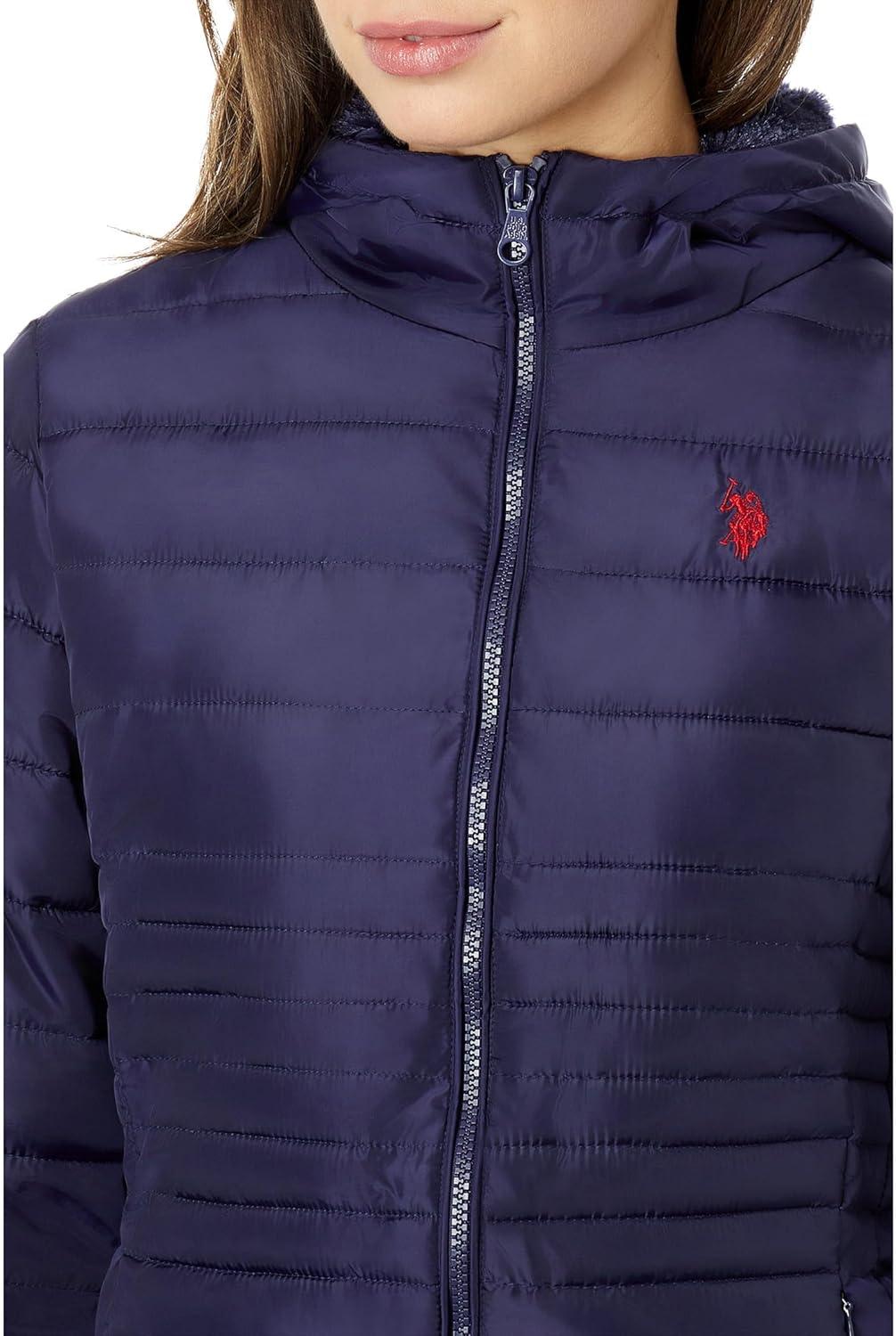 image:imageUS POLO ASSN Mixed Quilting Hooded Puffer with Cozy Faux Fur LiningEvening Blue