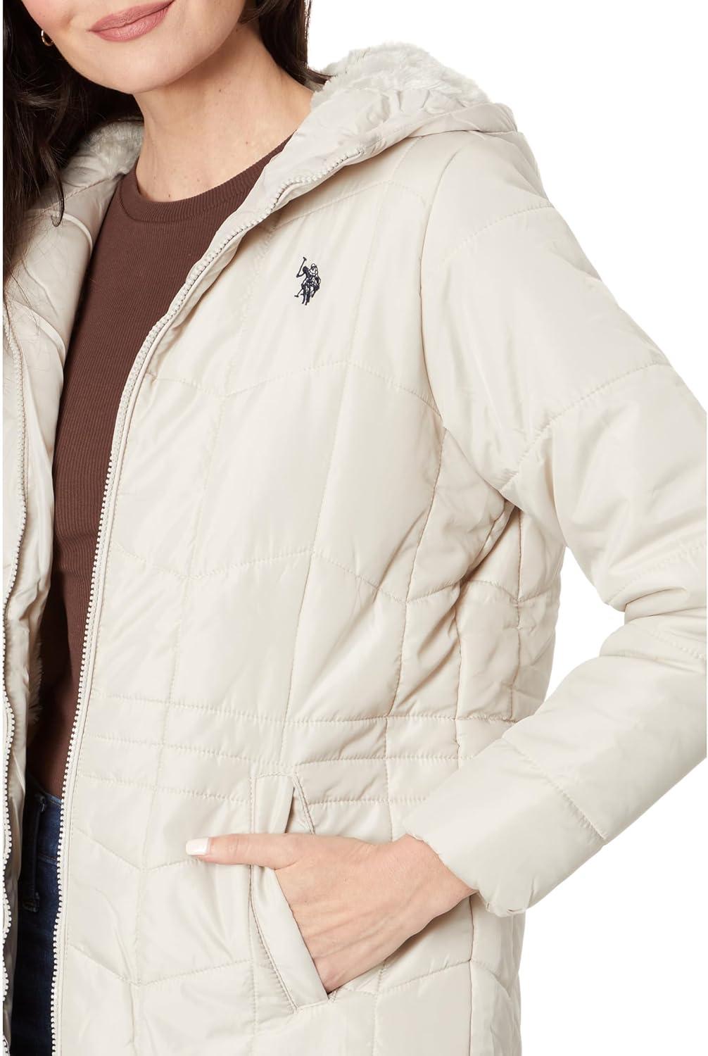 image:imageUS POLO ASSN Mixed Quilting Hooded Puffer with Cozy Faux Fur LiningWinter Pearl