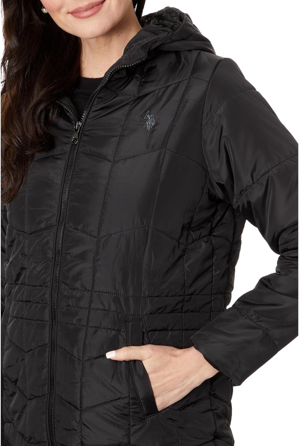image:imageUS POLO ASSN Zigzag Wave Cozy Faux Fur Lining Hooded Quilted PufferBlack