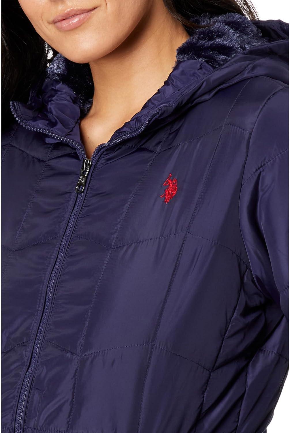 image:imageUS POLO ASSN Zigzag Wave Cozy Faux Fur Lining Hooded Quilted PufferEvening Blue