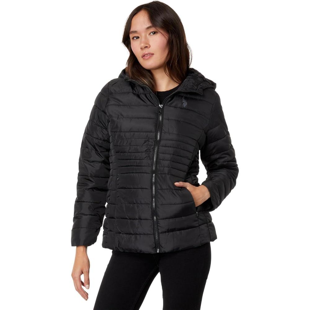 image:imageUS POLO ASSN Mixed Quilting Hooded Puffer with Cozy Faux Fur LiningBlack