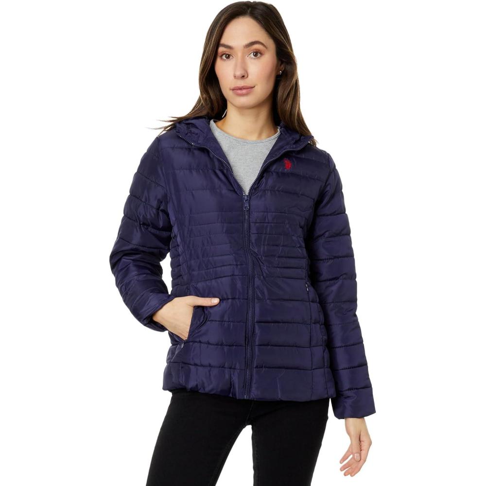 image:imageUS POLO ASSN Mixed Quilting Hooded Puffer with Cozy Faux Fur LiningEvening Blue