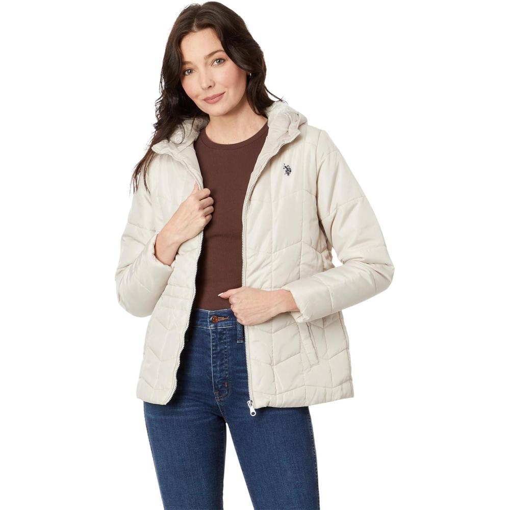 image:imageUS POLO ASSN Mixed Quilting Hooded Puffer with Cozy Faux Fur LiningWinter Pearl