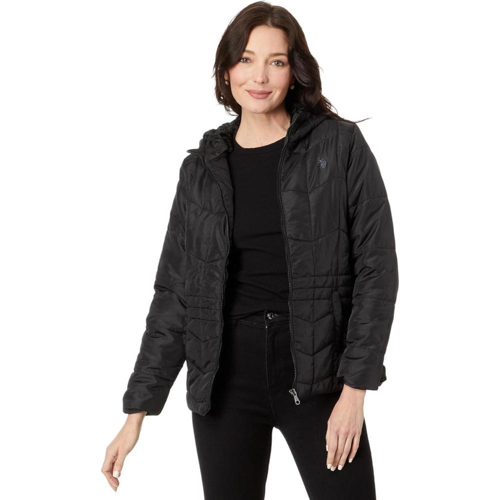 image:imageUS POLO ASSN Zigzag Wave Cozy Faux Fur Lining Hooded Quilted PufferBlack