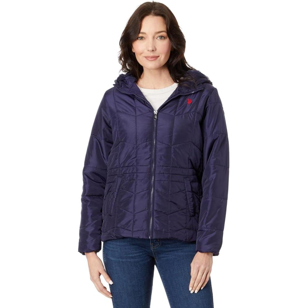 image:imageUS POLO ASSN Zigzag Wave Cozy Faux Fur Lining Hooded Quilted PufferEvening Blue