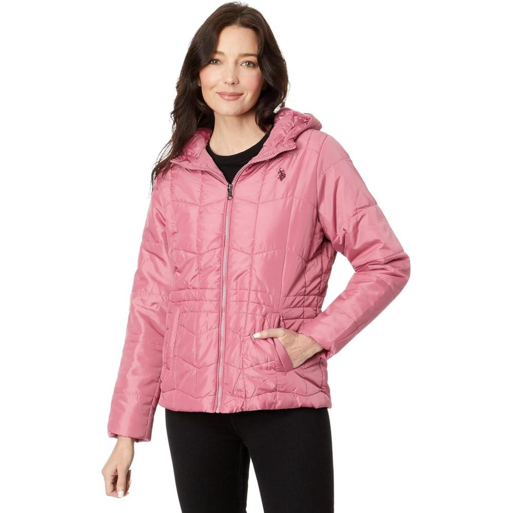 image:imageUS POLO ASSN Zigzag Wave Cozy Faux Fur Lining Hooded Quilted PufferOxford Rose