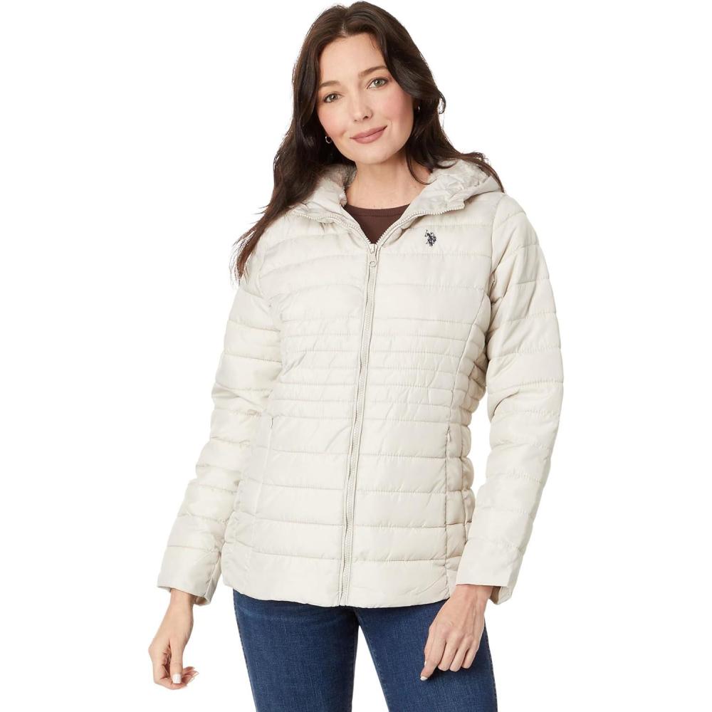 image:imageUS POLO ASSN Zigzag Wave Cozy Faux Fur Lining Hooded Quilted PufferWinter Pearl