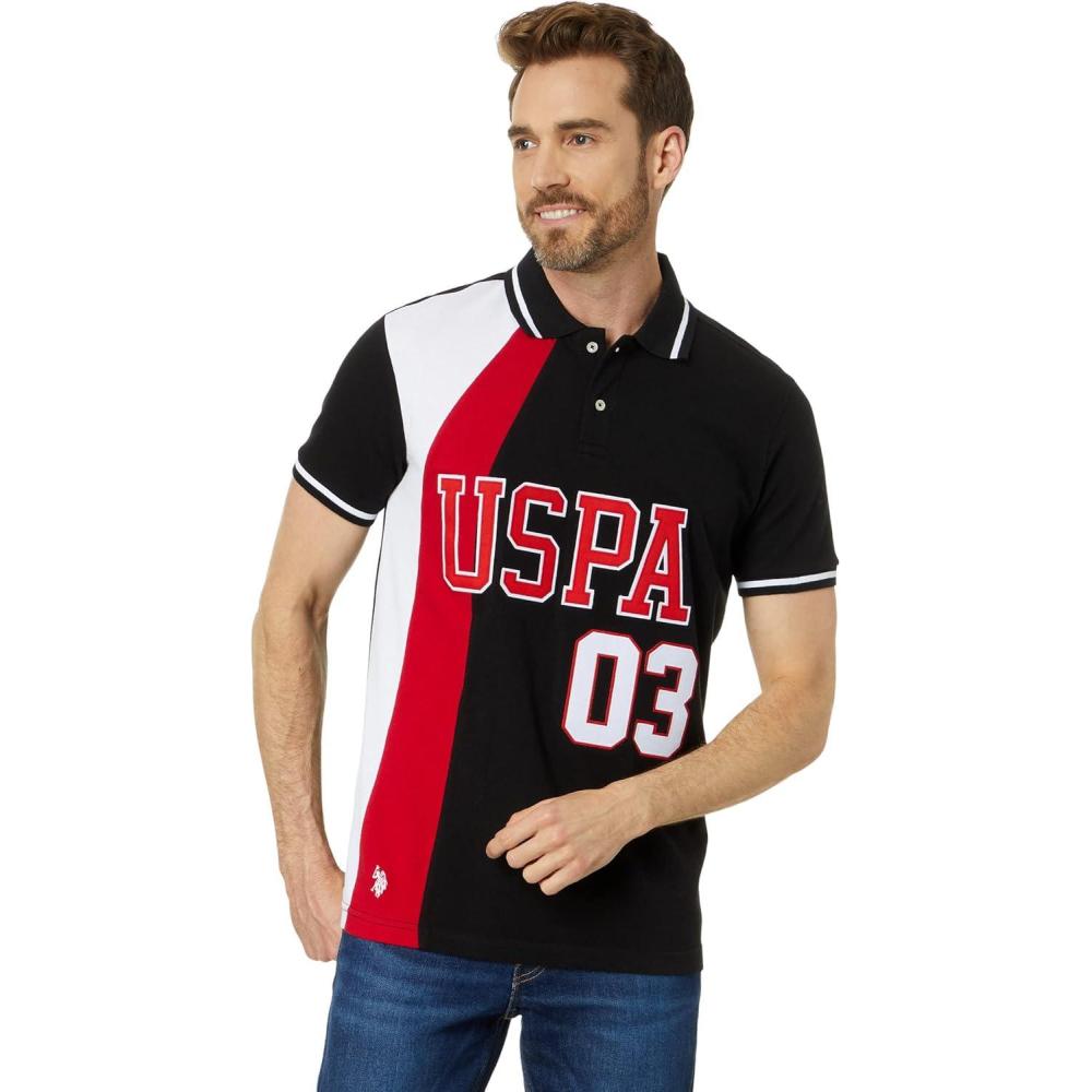 image:imageUS POLO ASSN mens Slim Fit Curved Piecing Pique Knit PoloBlack
