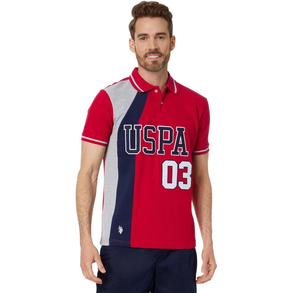 image:imageUS POLO ASSN mens Slim Fit Curved Piecing Pique Knit PoloEngine Red