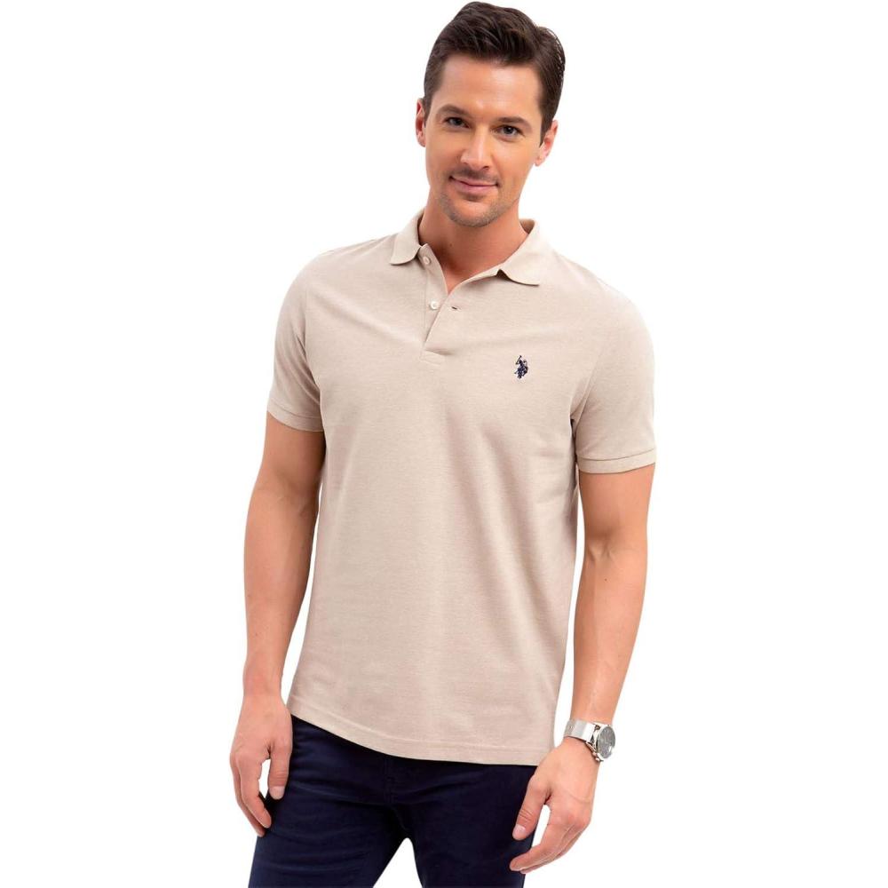 image:imageUS Polo Assn Mens Classic Polo Shirt TwoButton Closure Pique Polo Shirt Summer Fashion Golf ShirtKhaki Heather