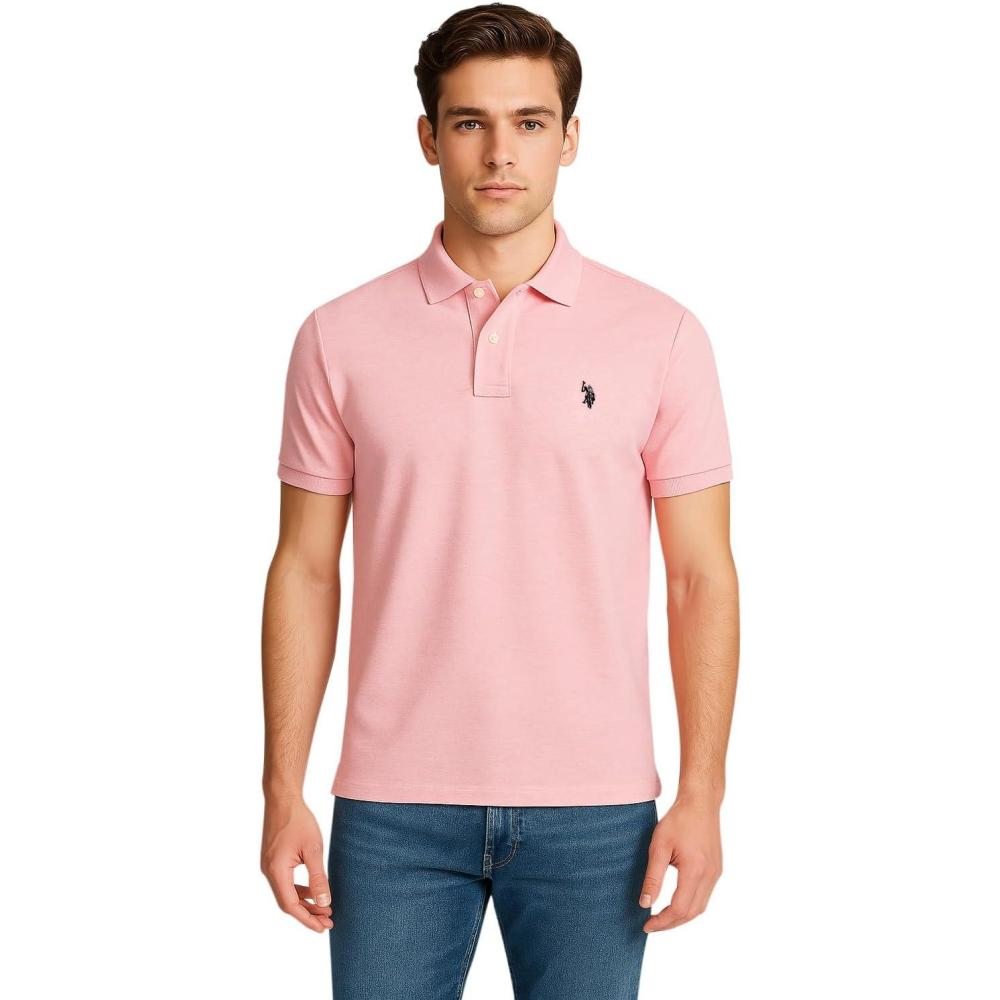 image:imageUS Polo Assn Mens Classic Polo Shirt TwoButton Closure Pique Polo Shirt Summer Fashion Golf ShirtPink Sunset HeatherBlack
