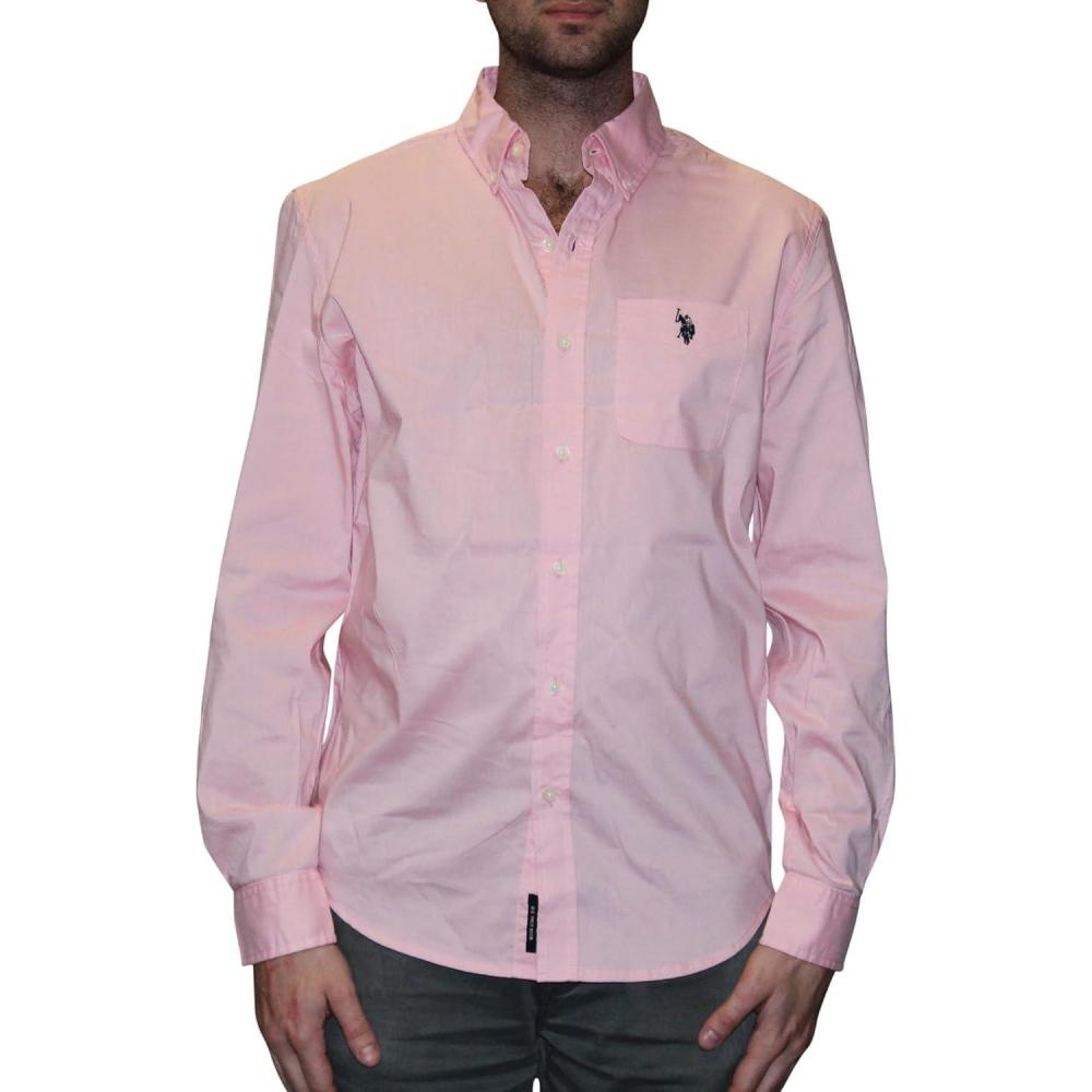 image:imageUS Polo Assn Mens Long Sleeve Classic Fit 1 Pocket Solid Stretch Poplin Woven ShirtCandy Pink