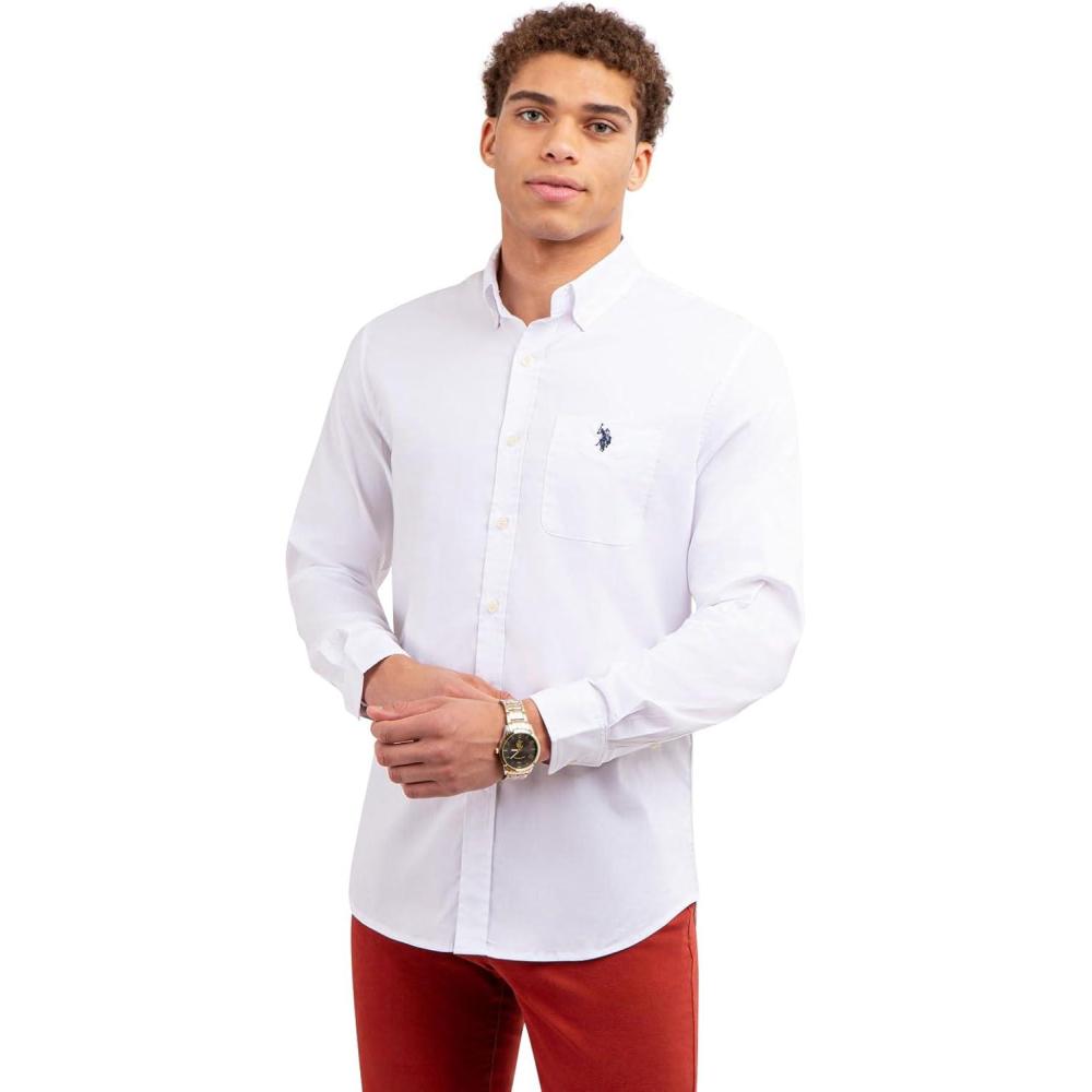 image:imageUS Polo Assn Mens Long Sleeve Classic Fit 1 Pocket Solid Stretch Poplin Woven ShirtOptic White