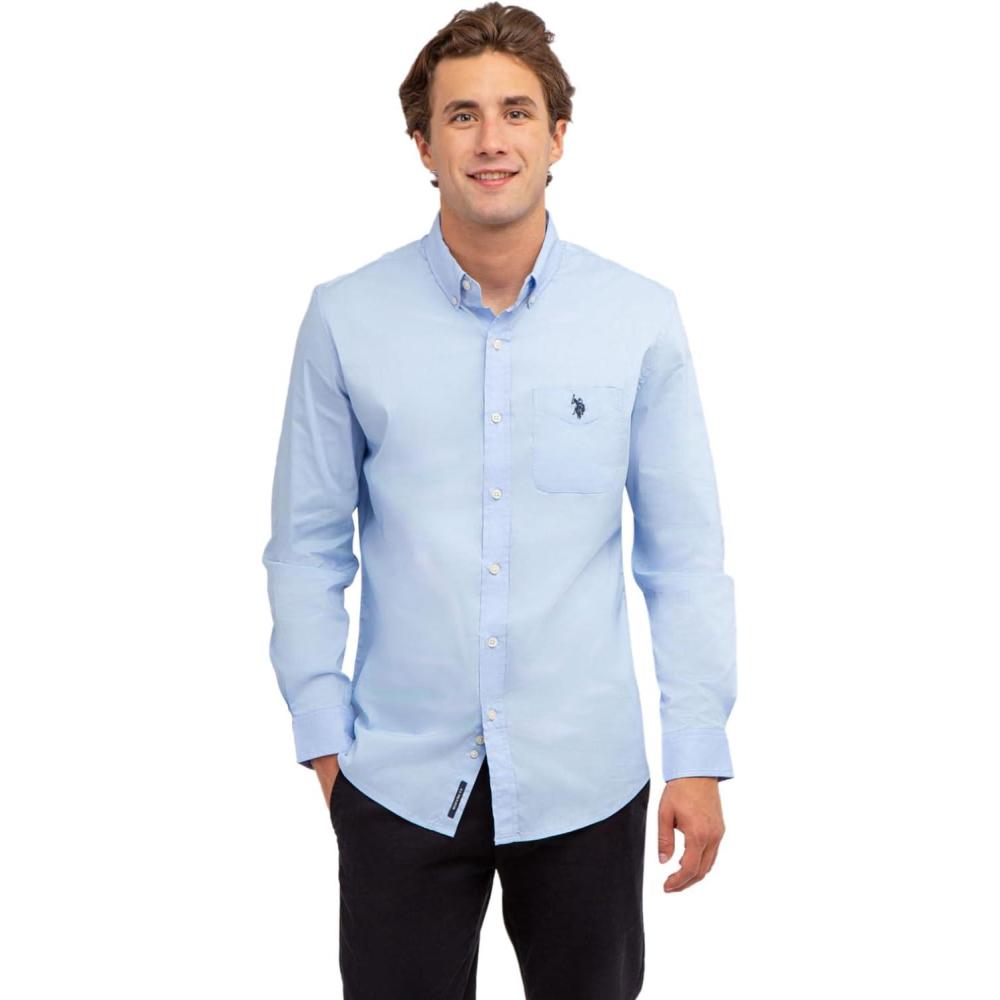 image:imageUS Polo Assn Mens Long Sleeve Classic Fit 1 Pocket Solid Stretch Poplin Woven ShirtWindsurfer Blue