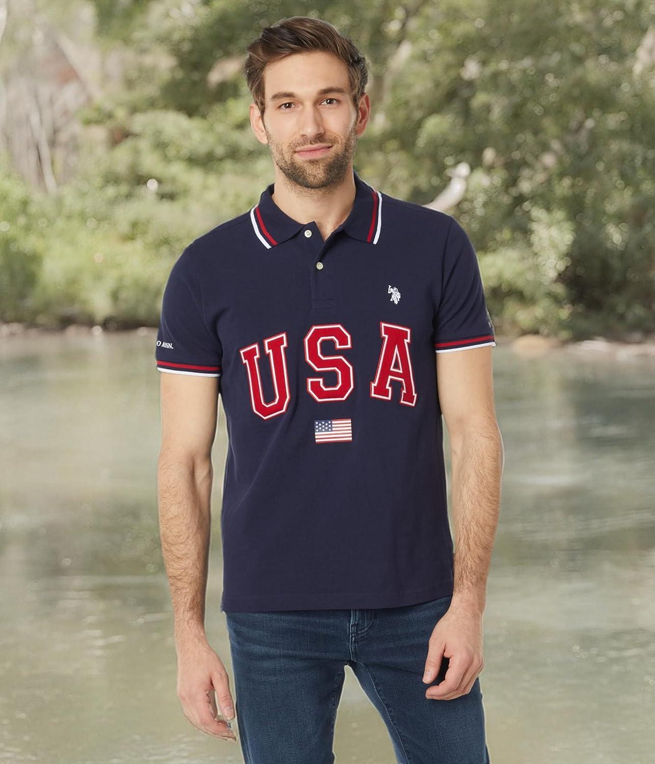 image:imageUS Polo Assn Slim Fit USA Applique Flag Print Knit Polo ShirtClassic Navy