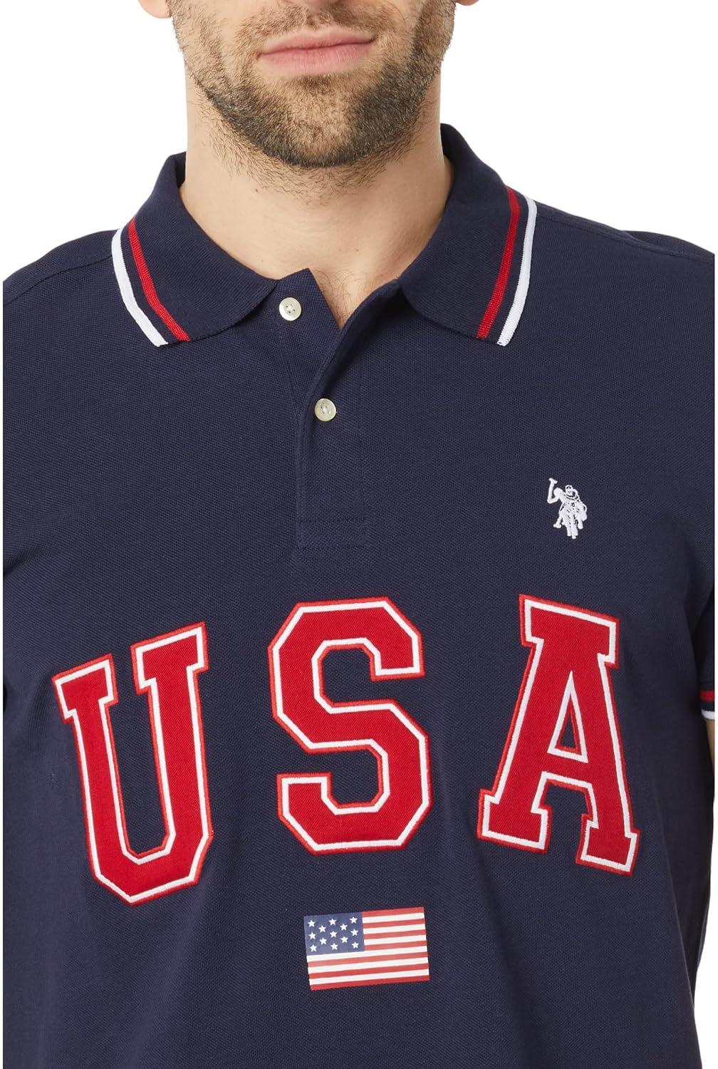 image:imageUS Polo Assn Slim Fit USA Applique Flag Print Knit Polo ShirtClassic Navy