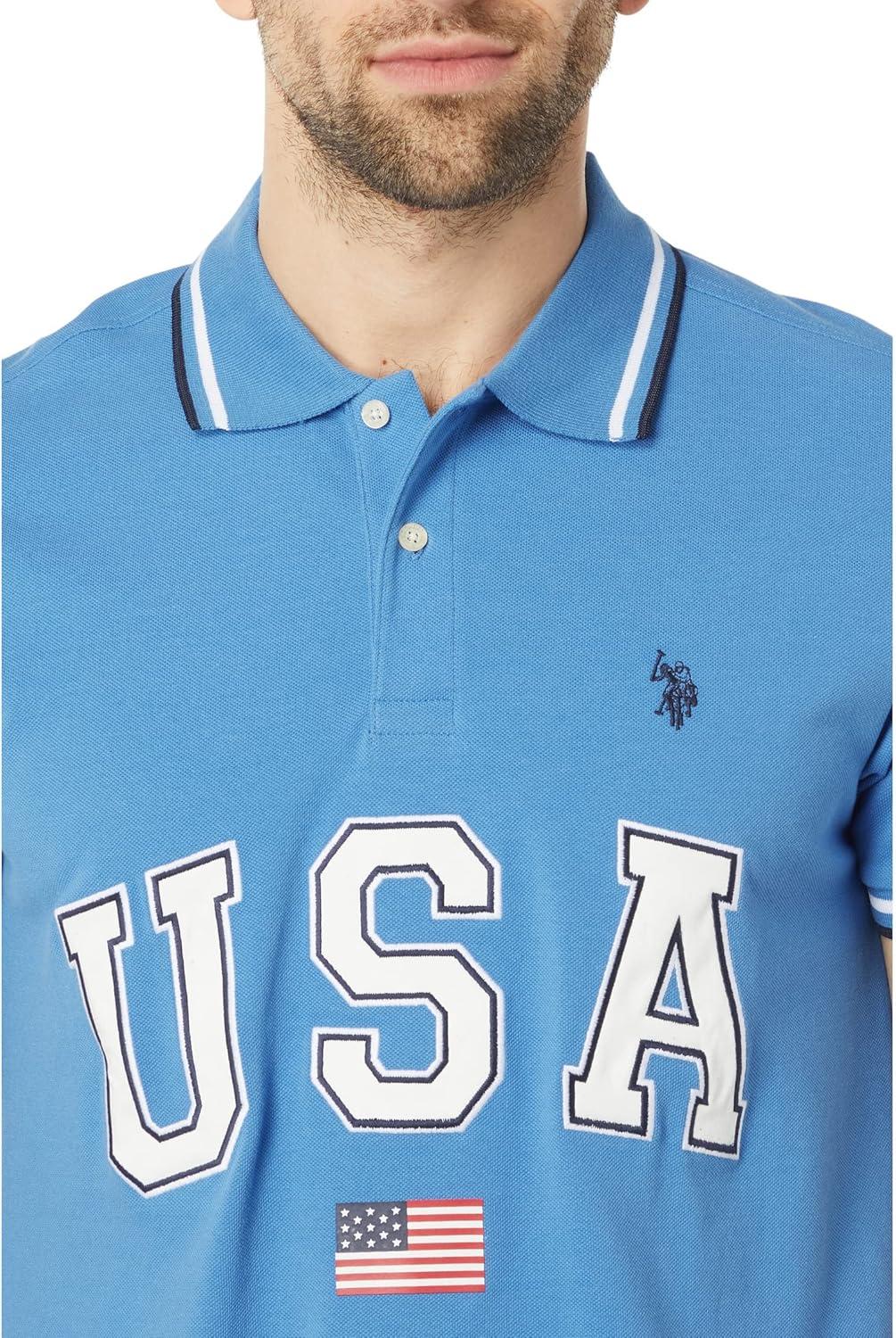 image:imageUS Polo Assn Slim Fit USA Applique Flag Print Knit Polo ShirtSuper Sonic Blue