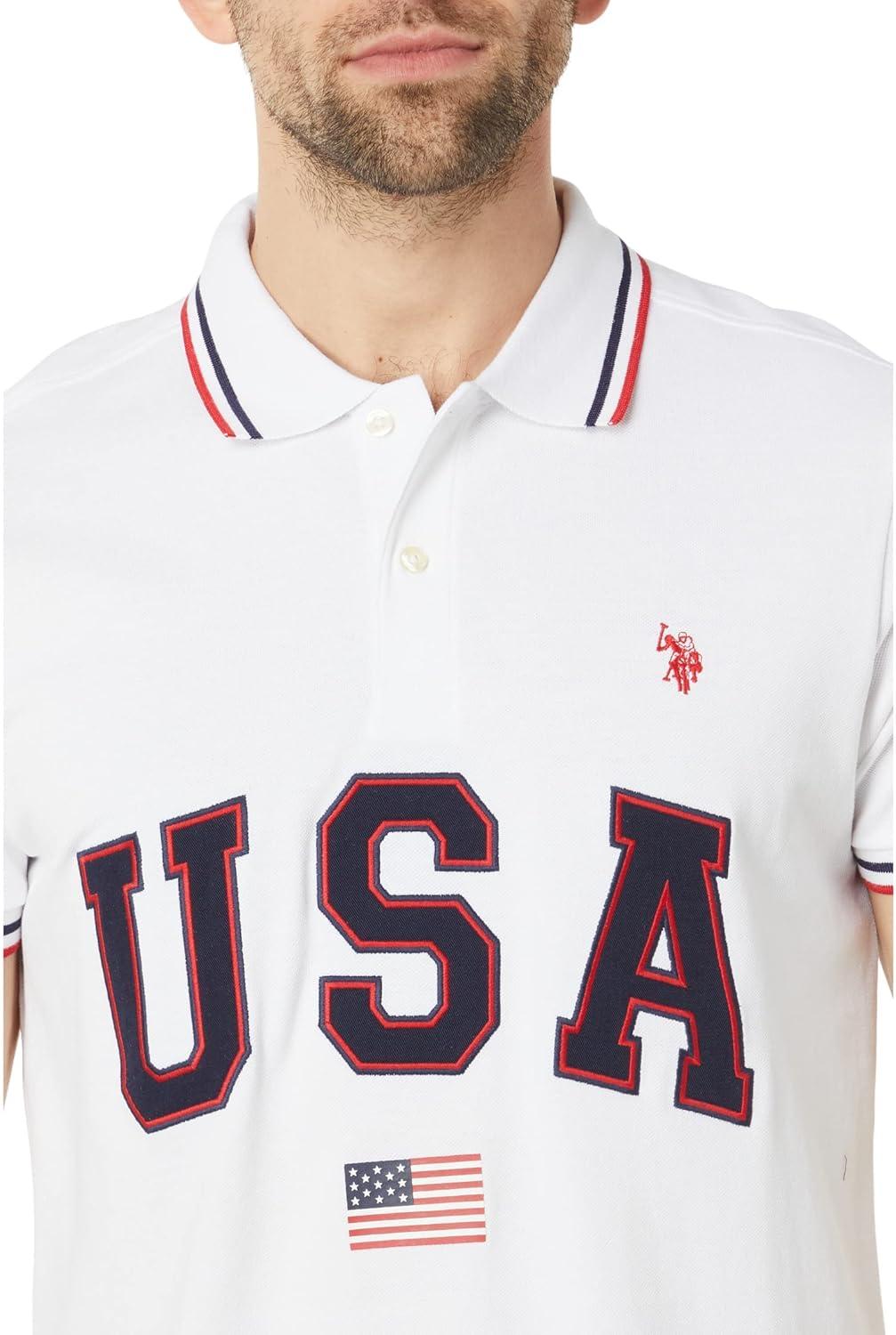 image:imageUS Polo Assn Slim Fit USA Applique Flag Print Knit Polo ShirtWhite
