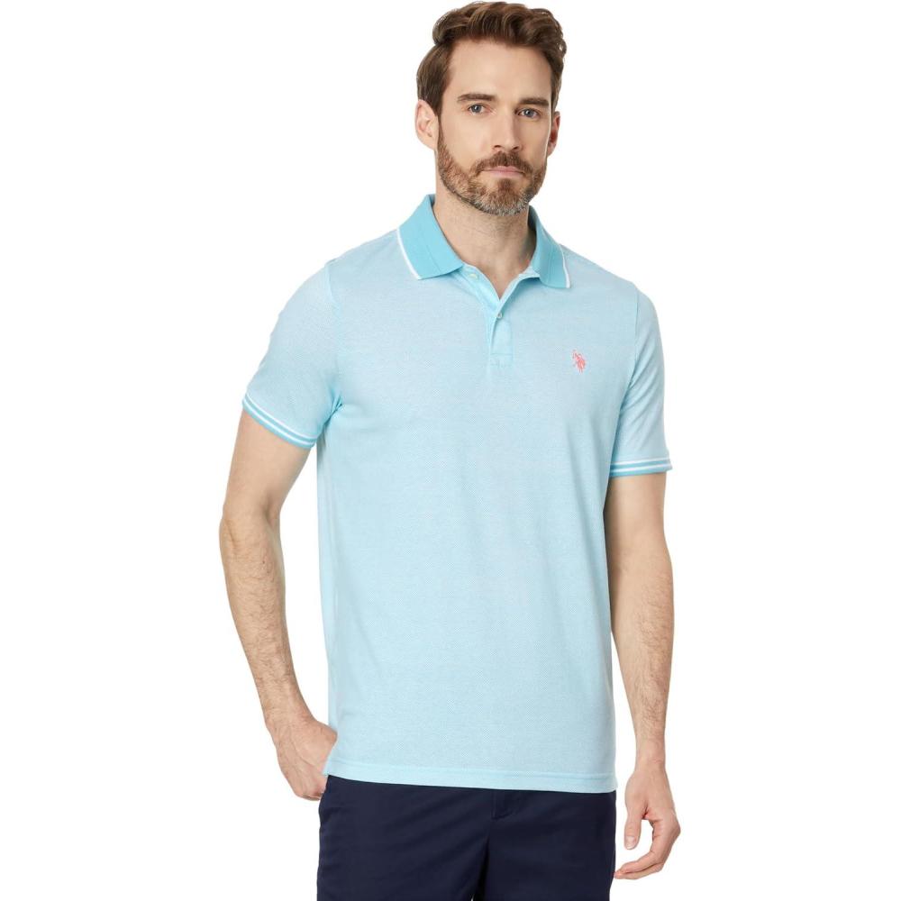 image:imageUS Polo ASSN Mens All Over Print Jersey Textured Collar Short Sleeve Polo ShirtHorizon Blue