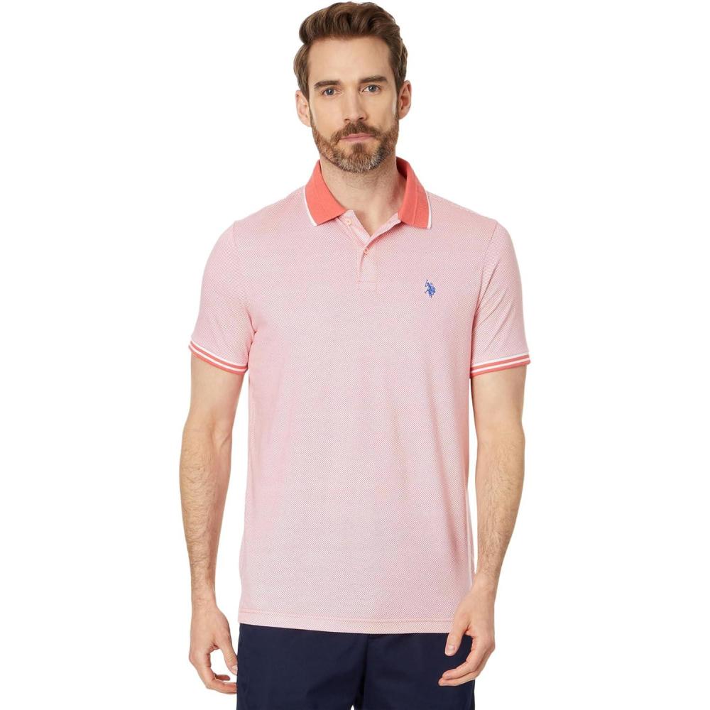 image:imageUS Polo ASSN Mens All Over Print Jersey Textured Collar Short Sleeve Polo ShirtPink Coral