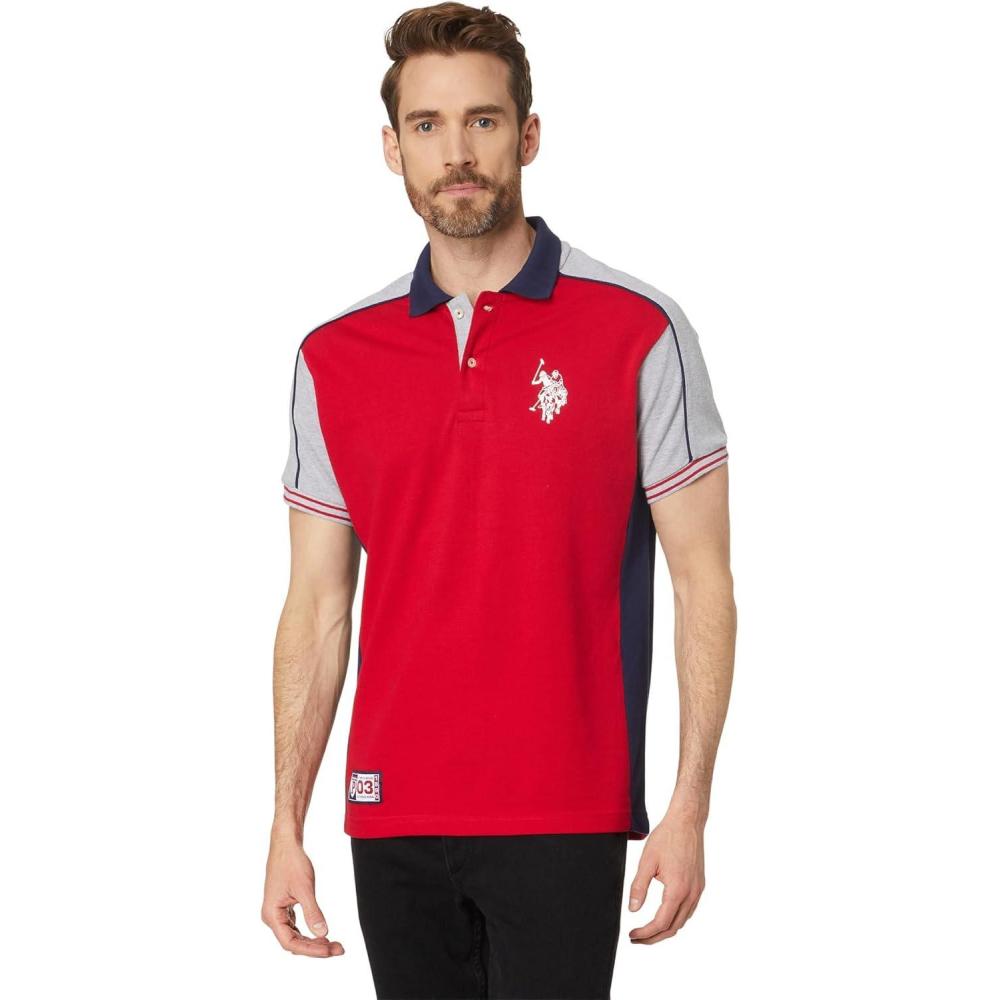 image:imageUS Polo Assn Mens Slim Fit Short Sleeve Double Collar Pique Knit Polo ShirtEngine Red