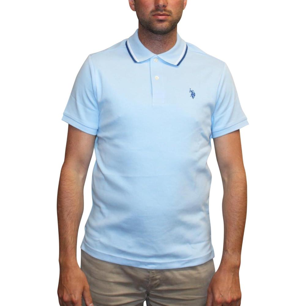 image:imageUS Polo Assn Mens Slim Fit Tipped Interlock Knit PoloBlue Oxford