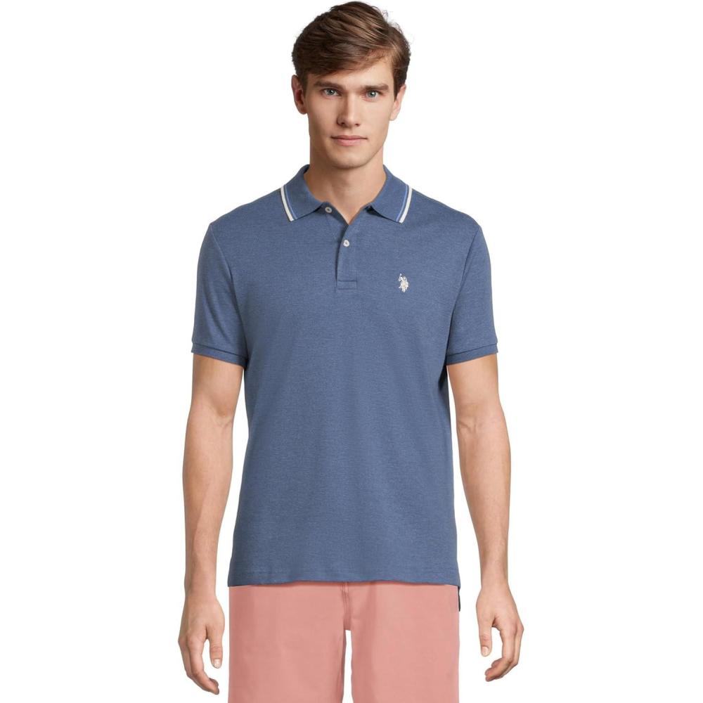 image:imageUS Polo Assn Mens Slim Fit Tipped Interlock Knit PoloBlue Water Heather