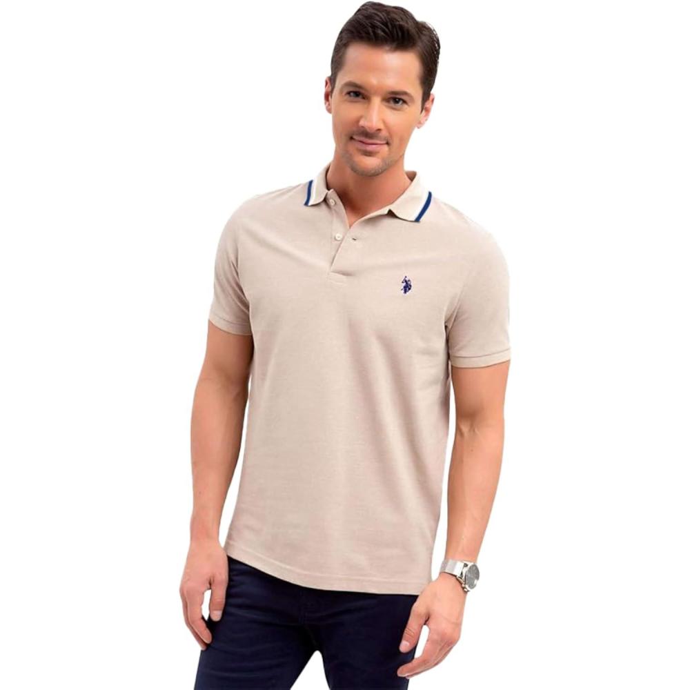 image:imageUS Polo Assn Mens Slim Fit Tipped Interlock Knit PoloKhaki Heather