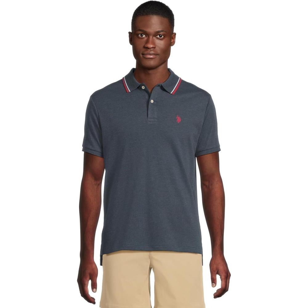 image:imageUS Polo Assn Mens Slim Fit Tipped Interlock Knit PoloPeacoat Heather
