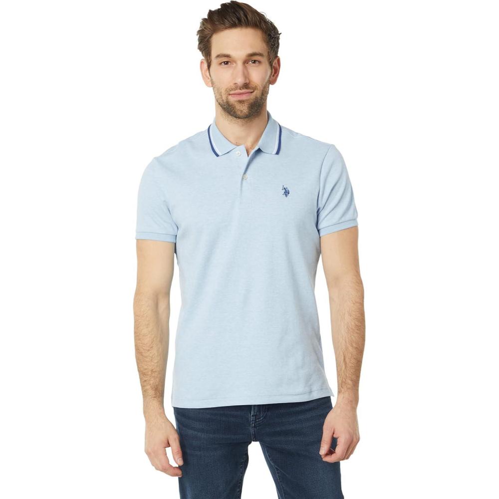 image:imageUS Polo Assn Mens Slim Fit Tipped Interlock Knit PoloSurf Blue Heather