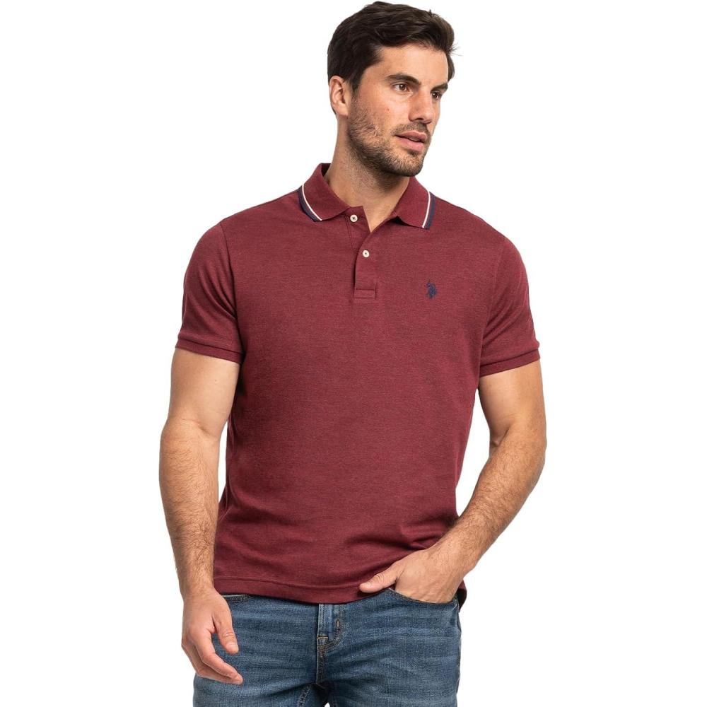 image:imageUS Polo Assn Mens Slim Fit Tipped Interlock Knit PoloWine Valley Heather